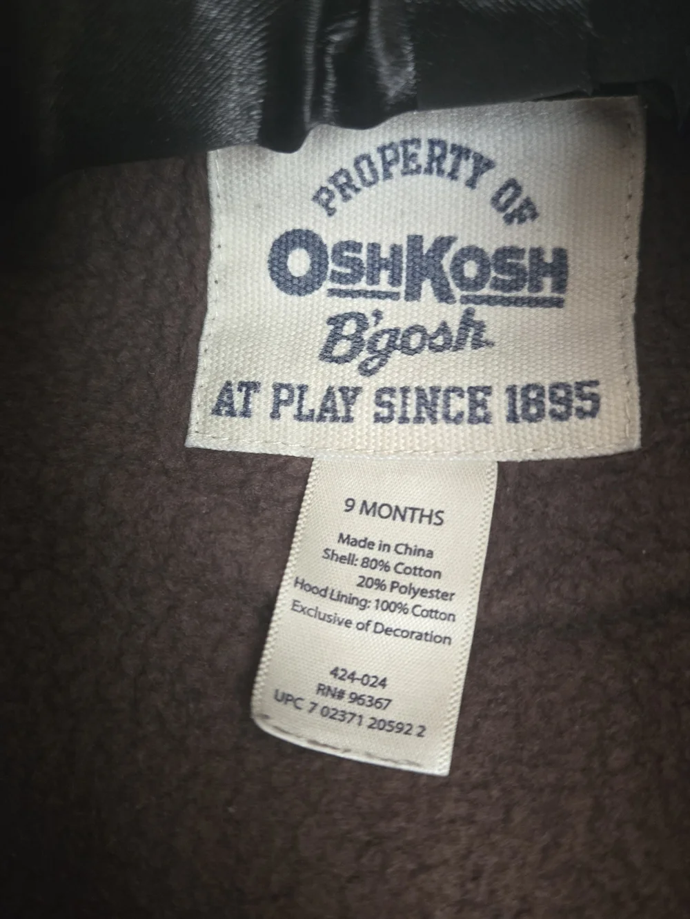 OshKosh B'gosh Boys 9M 9mo 9 mo Romper One-Piece Hooded Hoodie Full Zip